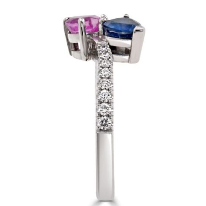 cr1013 1.40 Carat Pink Blue Sapphire Side Stone Diamond Engagement Ring side view