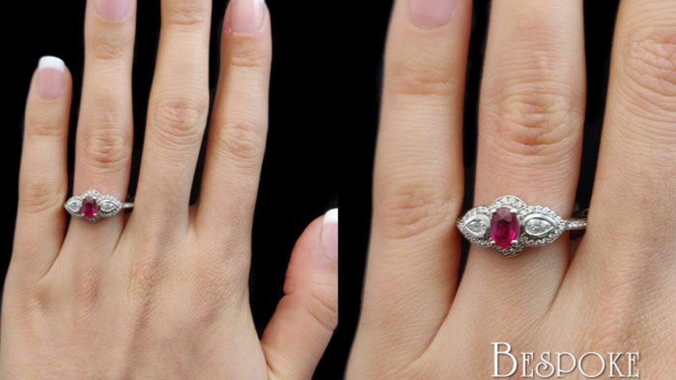 Ruby and Diamond Three Stone halo Ring Cr1023 - on hand