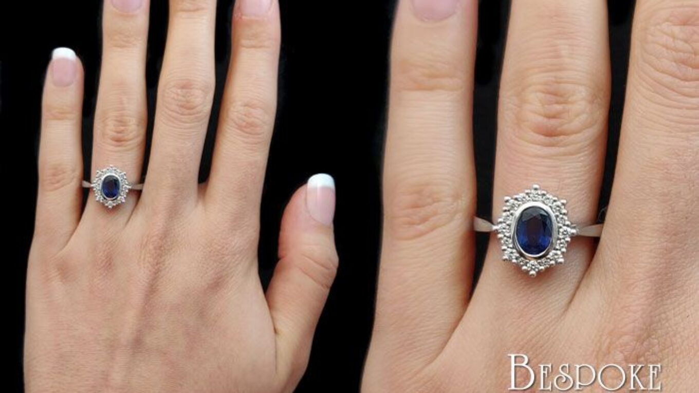 Oval Gemstone sapphire and diamond engagement ring cr1010 on hand