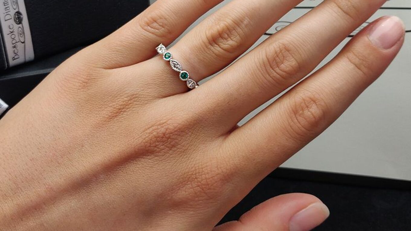 emerald-and-diamond-gemstone-ring-on-hand-cr1037-image-1
