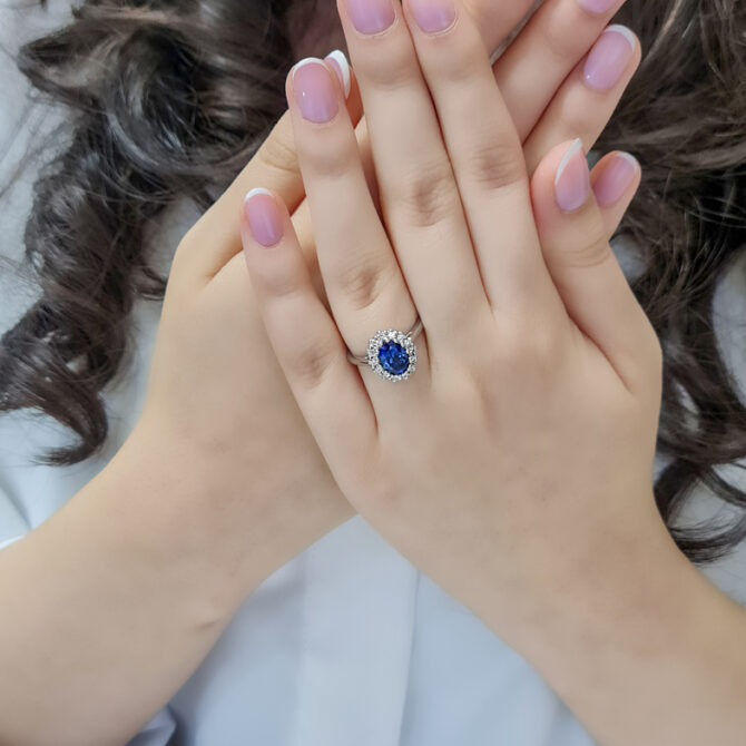 2.45ct Sapphire Halo Ring CR1042 on hand 1