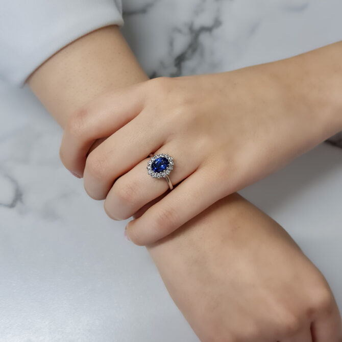 2.45ct Sapphire Halo Ring CR1042 on hand 3