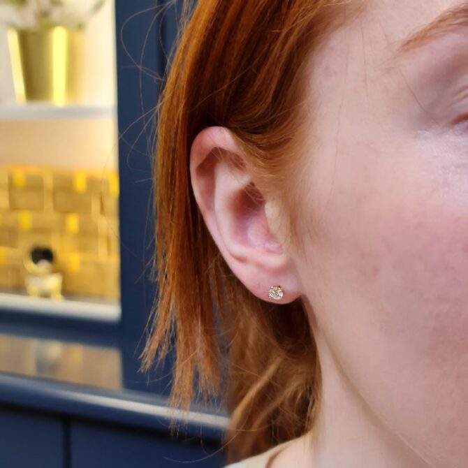 half carat diamond stud earrings with red hair in Dublin