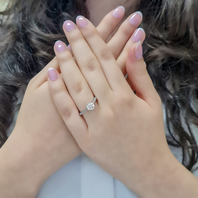 1.05ct Round Cut Side Stone Ring PR1073 on hand 2