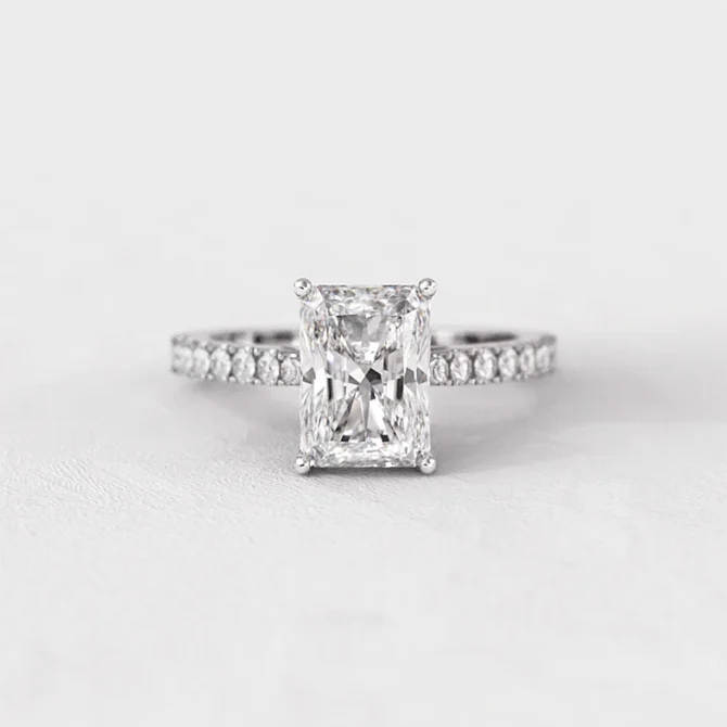 Radiant cut claw set diamond ring made in Ireland in white gold pr1061