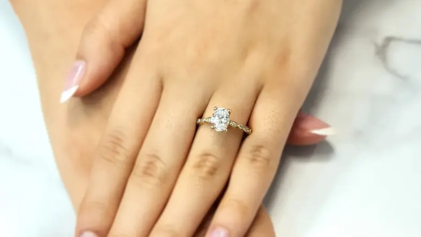 Unusual oval vintage style diamond ring on hand-pr1041-4