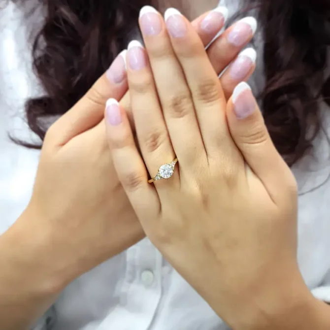 Vintage style diamond engagement ring Dublin on hand-pr1065-3