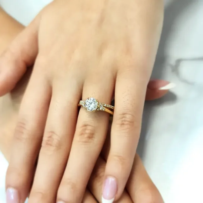 Vintage style diamond engagement ring Dublin on hand-pr1065-4