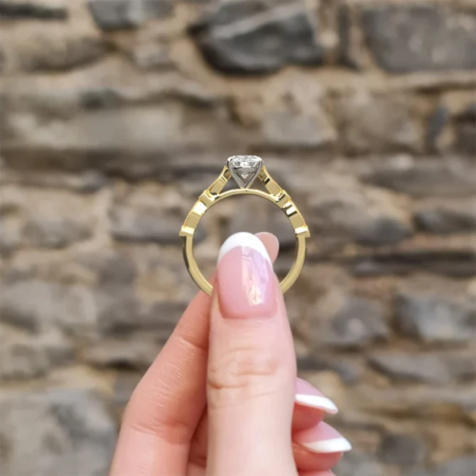 vintage style oval diamond engagement ring in yellow gold side view pr1041 - Made in Dublin, Ireland
