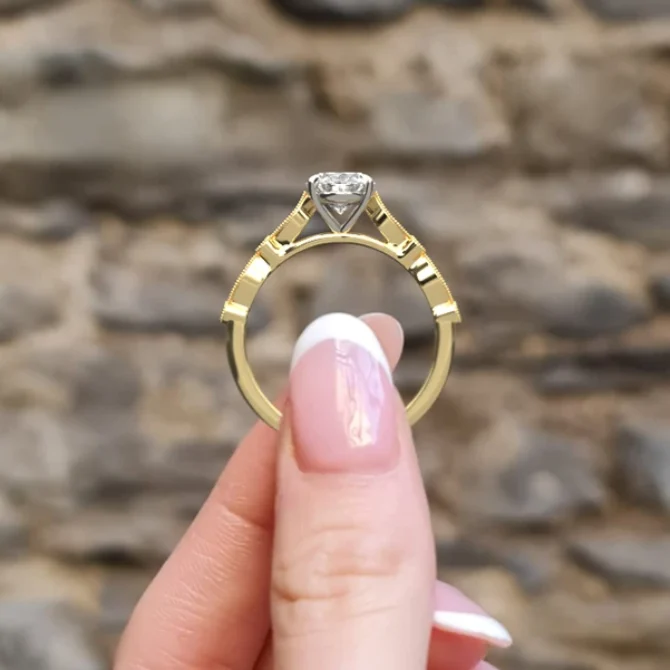 vintage style oval diamond engagement ring in yellow gold side view pr1041 - Made in Dublin, Ireland