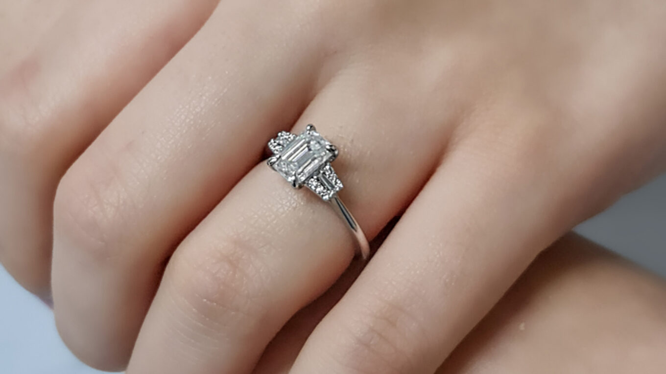 1.15ct Emerald Cut Side Stone Ring PR1069 on hand 3