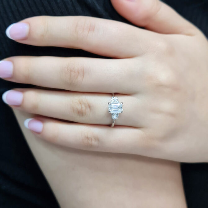 Vintage style diamond engagement ring emerald cut on hand-pr1069-4