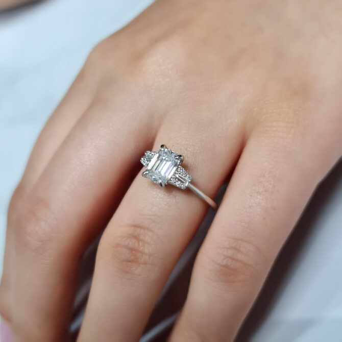 Vintage style diamond engagement ring emerald cut on hand-pr1069-7