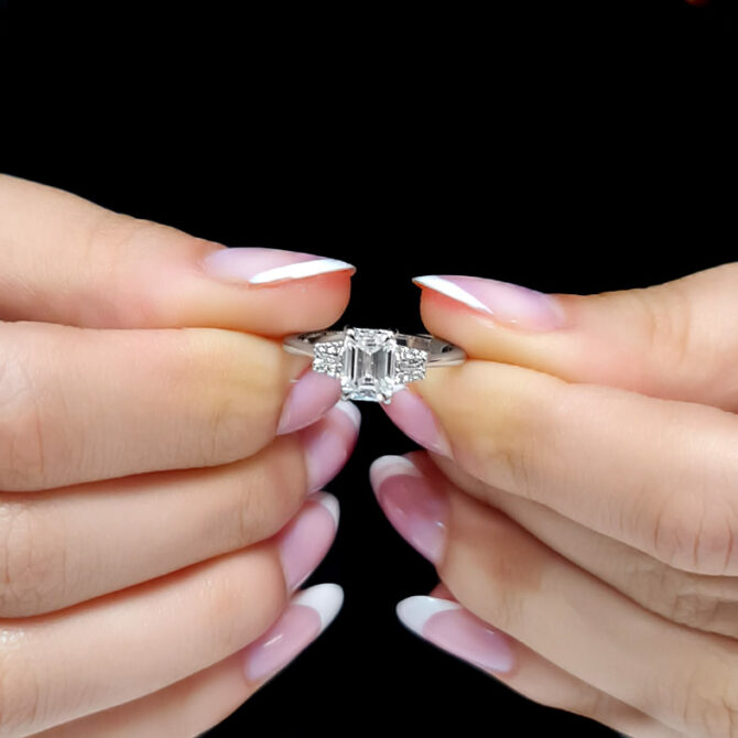Vintage style diamond engagement ring emerald cut on hand-pr1069-8