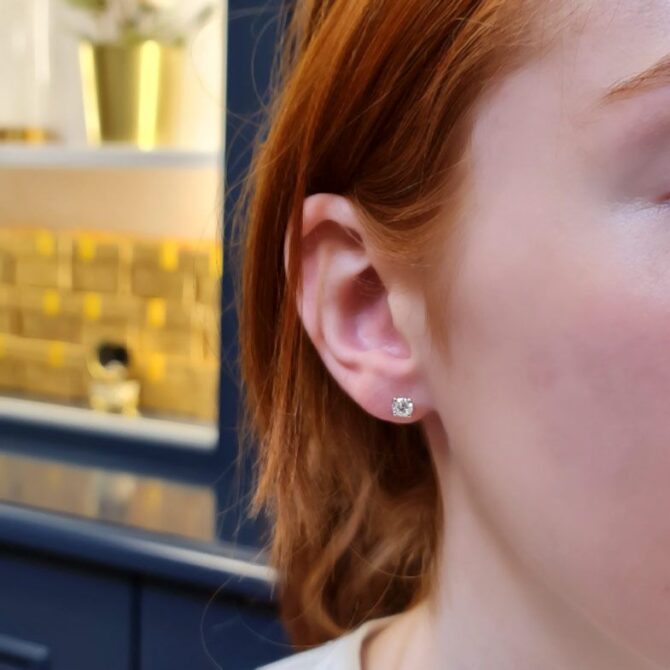 0.80ct diamond stud earrings from Dublin jewellers in Ireland - red hair
