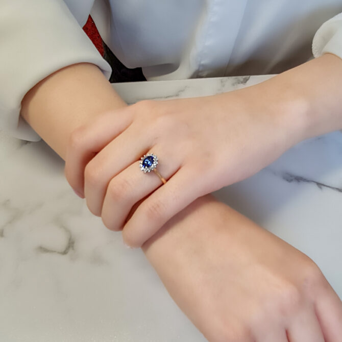 0.85ct Oval Cut Sapphire Halo Ring CR1046 on hand 3