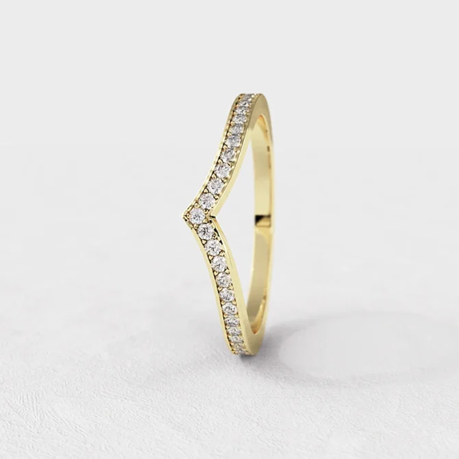 Claw set diamond set V shape wedding ring in yellow gold wr5102