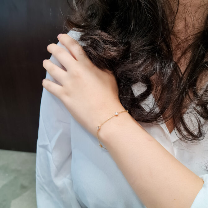 0.50ct 18k Yellow Gold Lab Grown Diamond Bracelet BBR016 worn on wrist 1 by shoulder