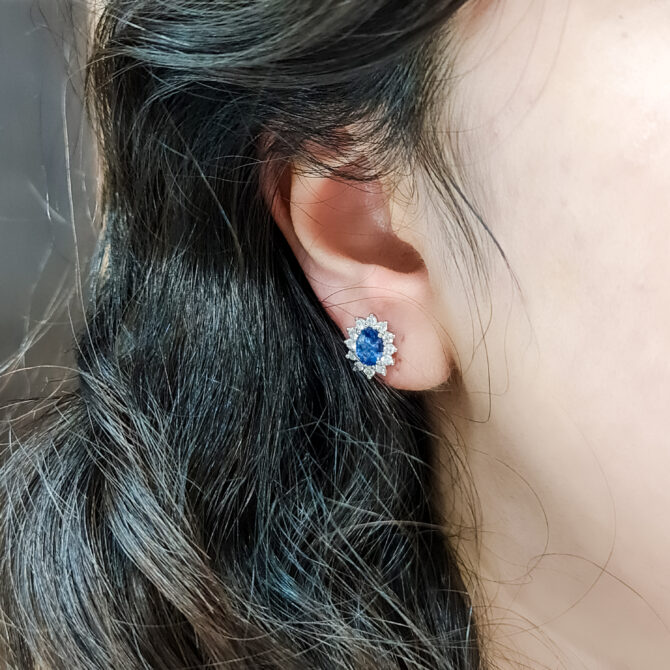 2.79ct Sapphire & Diamond Halo Style Stud Earrings BER023 worn on ear close up