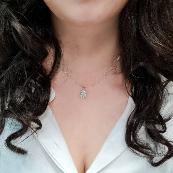 BPN003 0.17 Carat White Gold Diamond Pendant worn around neck close up