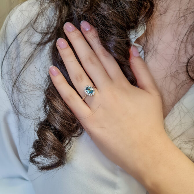 1.40ct Aquamarine & Diamond Halo Ring CR1052 on hand 1