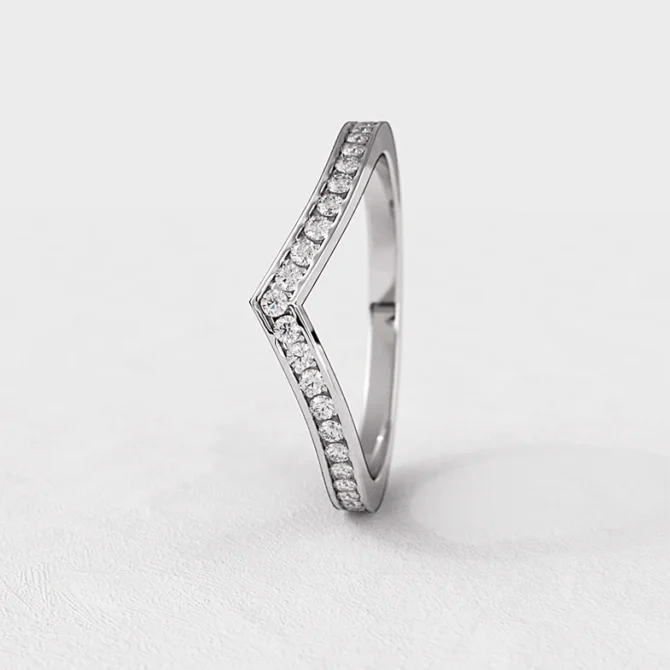 Channel set diamond V shape wedding ring in white gold wr5107