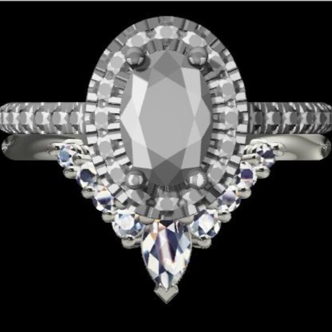 Custom Made Oval Cut Side Stone Engagement Ring and Diamond Set Wedding Ring SB3493 image 1