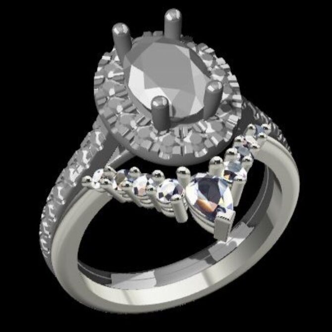 Custom Made Oval Cut Side Stone Engagement Ring and Diamond Set Wedding Ring SB3493 image 2