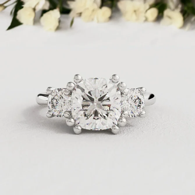 Bespoke Designed Cushion Cut And Round Cut Three Stone Engagement Ring SB2252 (2)