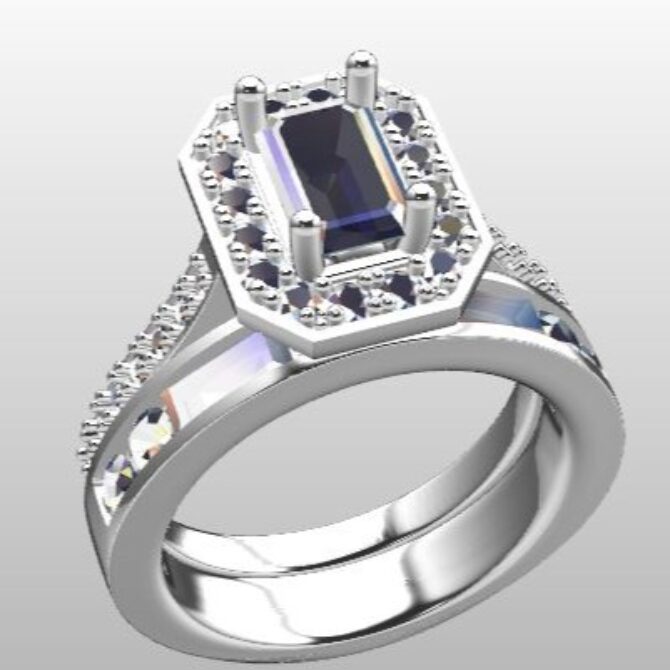 Custom Made Emerald Cut Side Stone Engagement Ring and Diamond Set Wedding Ring SB3116 image 2