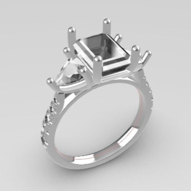 Custom made emerald cut and trillion cut three stone and side stone engagement ring SB4265 V1 quick image 02