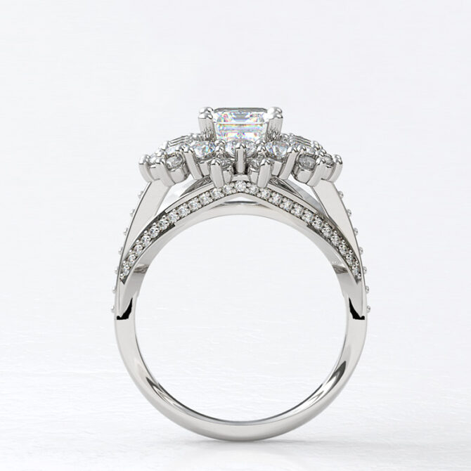 Custom made emerald cut double halo split side stone engagement ring sb4190 image 01