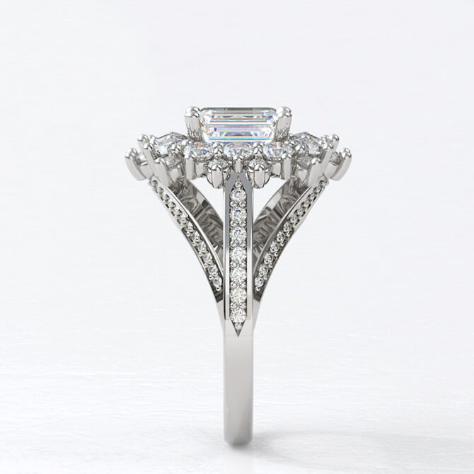 Custom made emerald cut double halo split side stone engagement ring sb4190 image 02