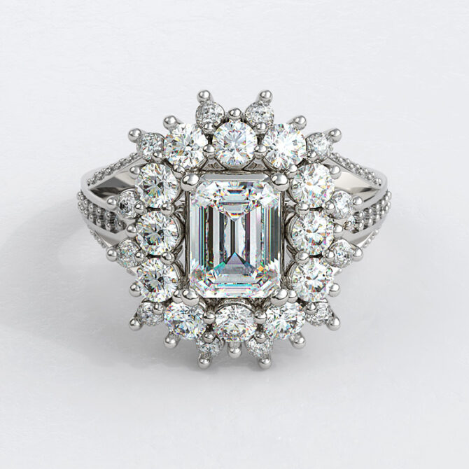 Custom made emerald cut double halo split side stone engagement ring sb4190 image 03