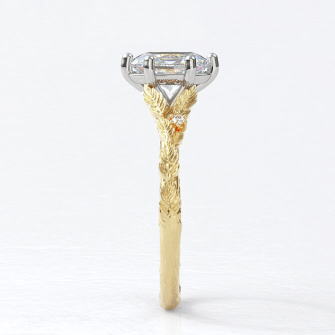 Custom made leaf pattern oval cut side stone engagement ring sb4209 image 02