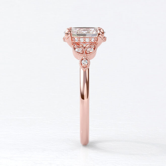 Custom made mill grain oval cut side stone and hidden halo engagement ring sb4128 v2 all rose image 02