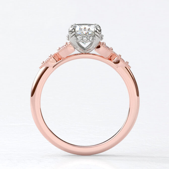 Custom made mill grain oval cut side stone and hidden halo engagement ring sb4128 v2 rose and white image 01