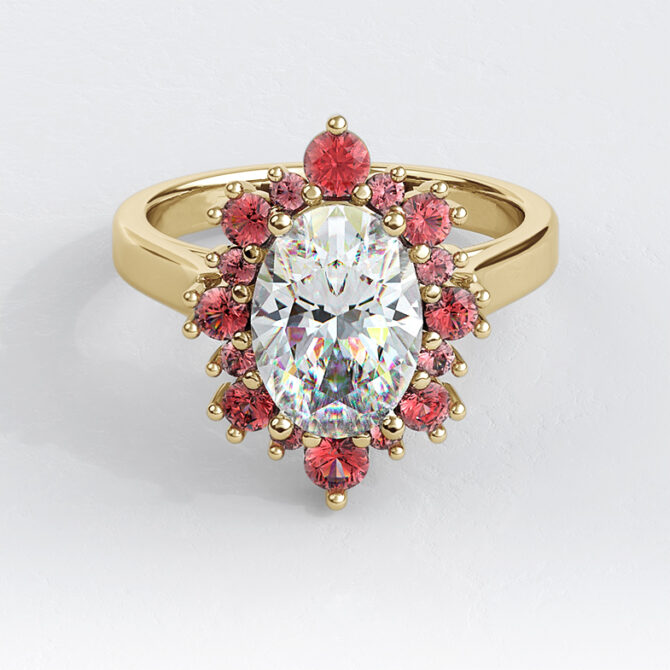 Custom made oval cut diamond and ruby halo engagement ring sb2739 image 01