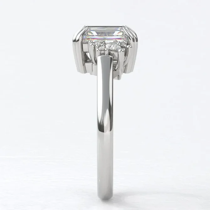 Custom made double claw radiant cut centre diamond with pear and round 18k white gold side stone engagement ring sb5180-wg v1 image 01