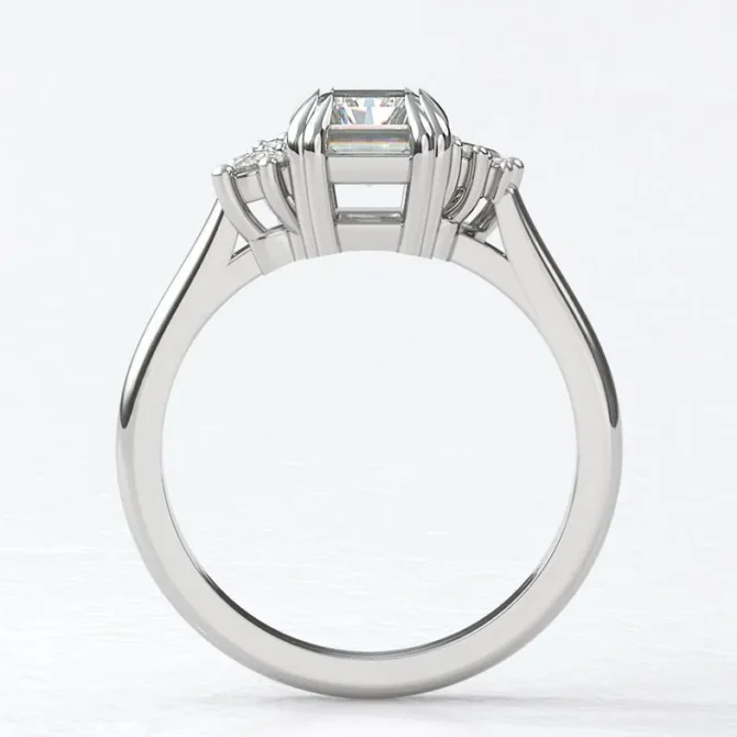 Custom made double claw radiant cut centre diamond with pear and round 18k white gold side stone engagement ring sb5180-wg v1 image 02