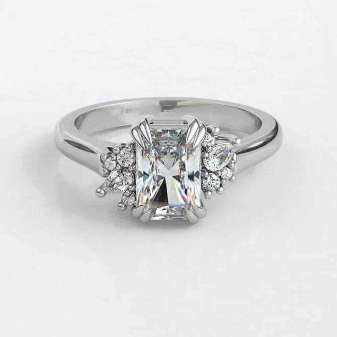 Custom made double claw radiant cut centre diamond with pear and round 18k white gold side stone engagement ring sb5180-wg v1 image 03
