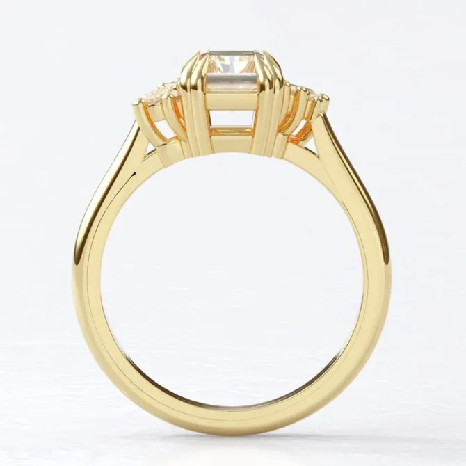 Custom made double claw radiant cut centre diamond with pear and round 18k yellow gold side stone engagement ring sb5180-yg image v1 02