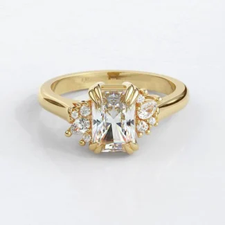 Custom made double claw radiant cut centre diamond with pear and round 18k yellow gold side stone engagement ring sb5180-yg image v1 03
