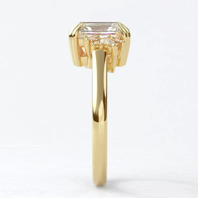 Custom made double claw radiant cut centre diamond with pear and round 18k yellow gold side stone engagement ring sb5180-yg v1 image 01