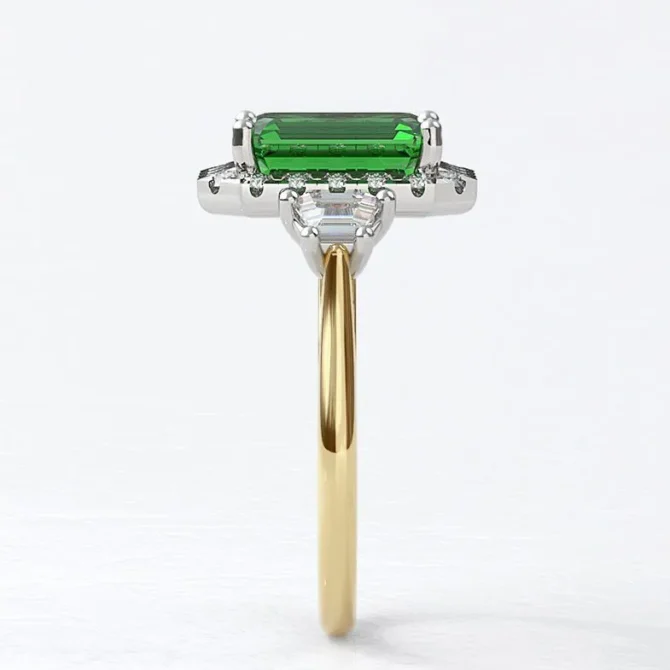 Custom made emarald and diamond halo with trapezoid cut diamond side stones 18k yellow Halo Engagment Ring sb5164 v1 image 01