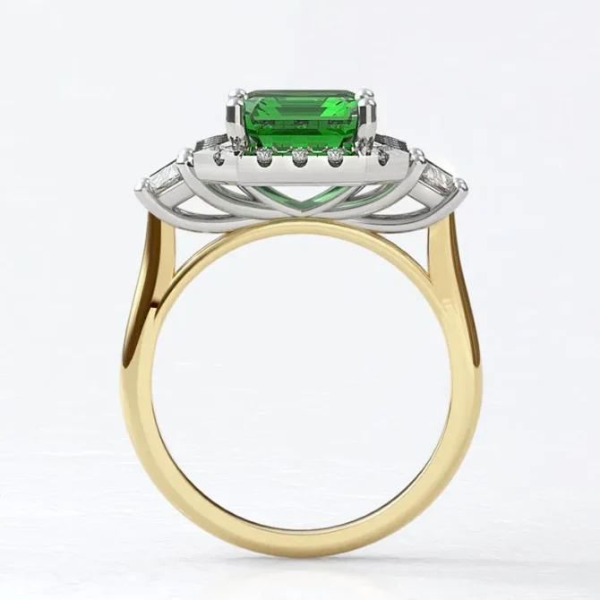 Custom made emarald and diamond halo with trapezoid cut diamond side stones 18k yellow Halo Engagment Ring sb5164 v1 image 02