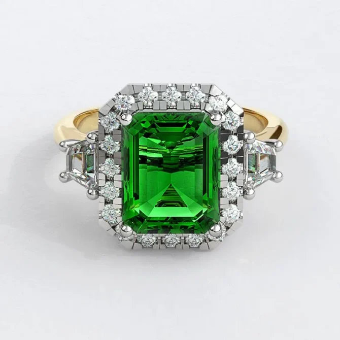 Custom made emarald and diamond halo with trapezoid cut diamond side stones 18k yellow Halo Engagment Ring sb5164 v1 image 03