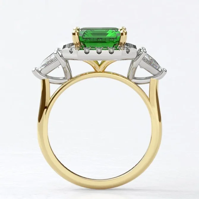 Custom made emarald and diamond halo with trillion cut diamond side stones 18k yellow Halo Engagment Ring sb5164 v2 image 01