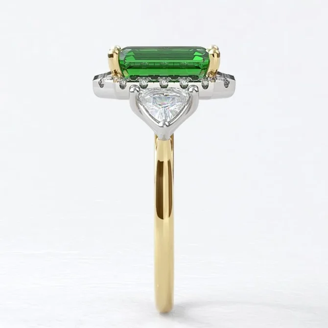 Custom made emarald and diamond halo with trillion cut diamond side stones 18k yellow Halo Engagment Ring sb5164 v2 image 02