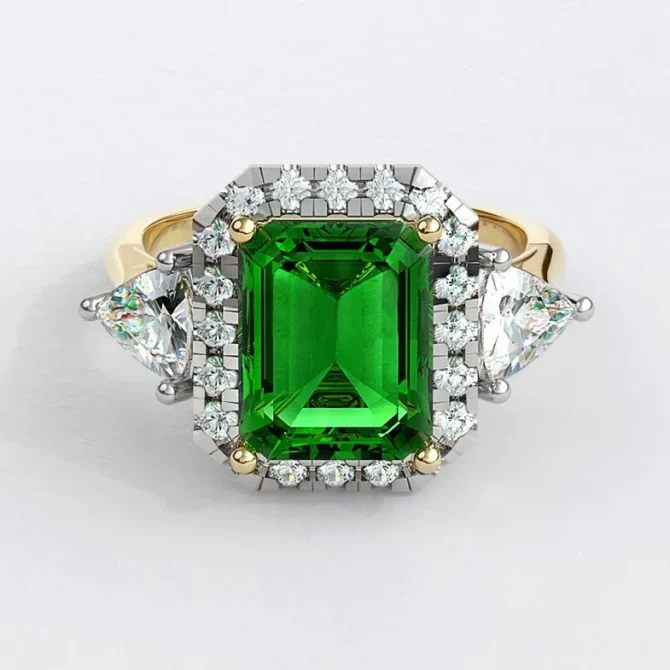 Custom made emarald and diamond halo with trillion cut diamond side stones 18k yellow Halo Engagment Ring sb5164 v2 image 03